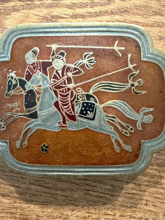 Other - Heavy Antique Brass Inlaid Indian Trinket Box 4”x3” Warriors On Horseback